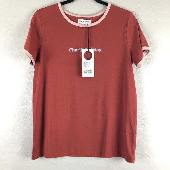 Charlie Holiday Brown Orange Rust Embroidered Desert Rose Ringer Tee Shirt Top - Picture 1 of 4